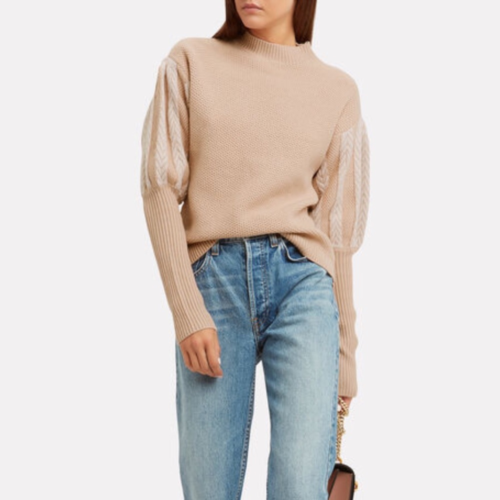 Jonathan Simkhai Neutral Tan Blush Puff Sleeve Wool Sweater